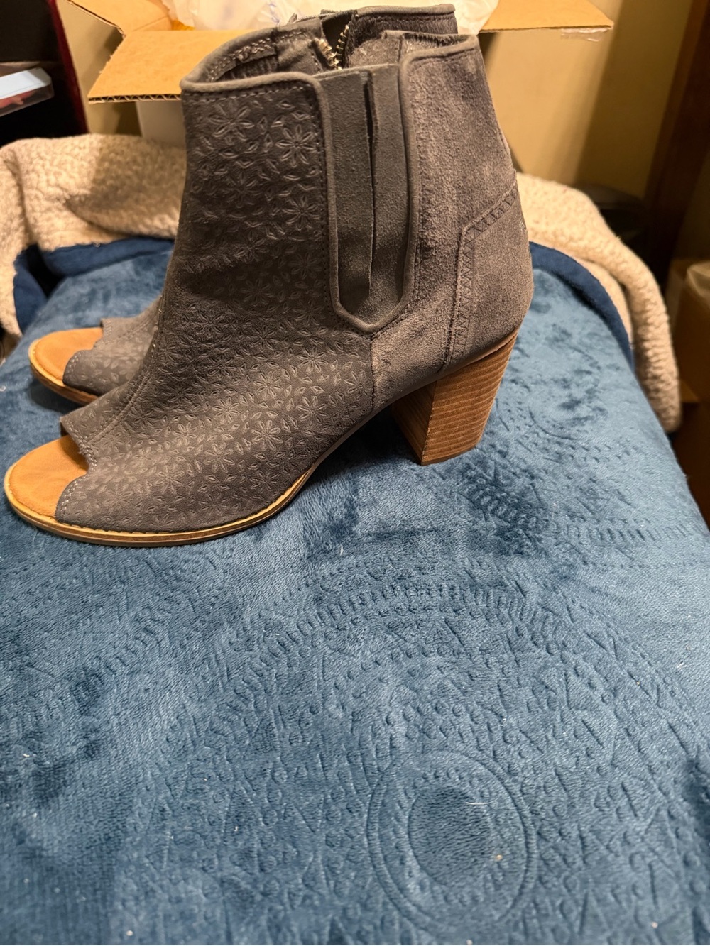 Toms Gray Suede Open-Toe Ankle Booties with Stacked Heel
